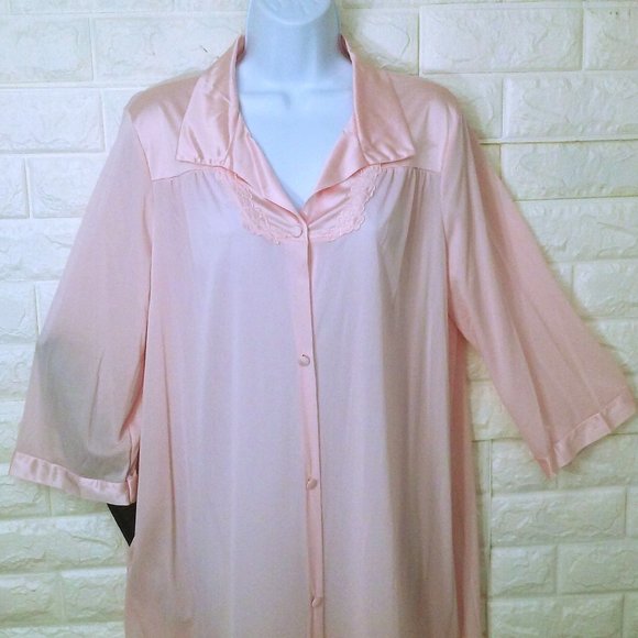 Vintage 90s Vanity Fair Dressing Gown Robe -M Pocket Collar Floral LS Nylon Pink - Picture 2 of 11